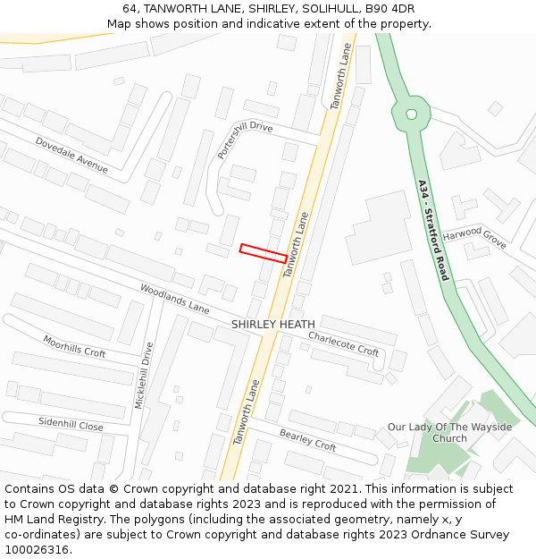 64, TANWORTH LANE, SHIRLEY, SOLIHULL, B90 4DR: Location map and indicative extent of plot