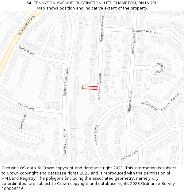 64, TENNYSON AVENUE, RUSTINGTON, LITTLEHAMPTON, BN16 2PH: Location map and indicative extent of plot