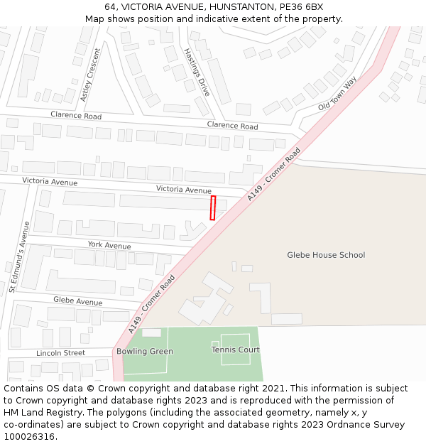 64, VICTORIA AVENUE, HUNSTANTON, PE36 6BX: Location map and indicative extent of plot