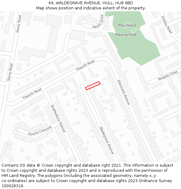 64, WALDEGRAVE AVENUE, HULL, HU8 9BD: Location map and indicative extent of plot