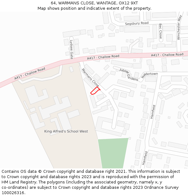 64, WARMANS CLOSE, WANTAGE, OX12 9XT: Location map and indicative extent of plot