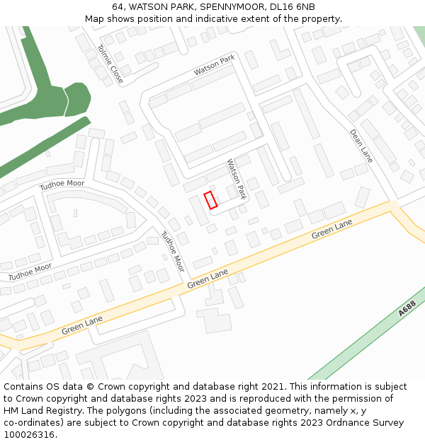 64, WATSON PARK, SPENNYMOOR, DL16 6NB: Location map and indicative extent of plot