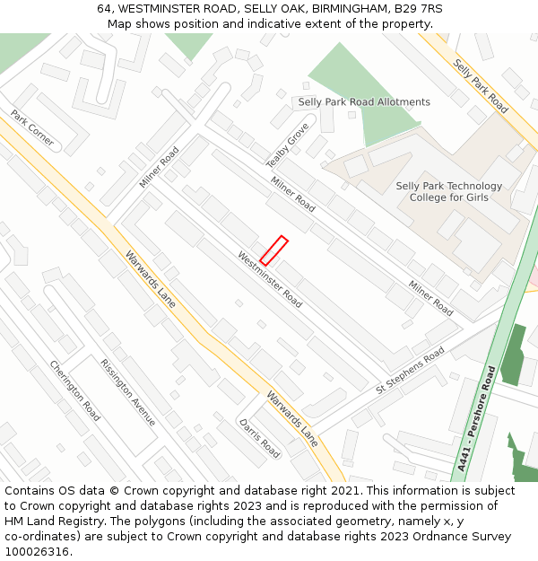 64, WESTMINSTER ROAD, SELLY OAK, BIRMINGHAM, B29 7RS: Location map and indicative extent of plot