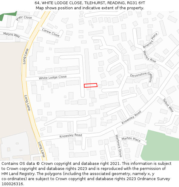 64, WHITE LODGE CLOSE, TILEHURST, READING, RG31 6YT: Location map and indicative extent of plot