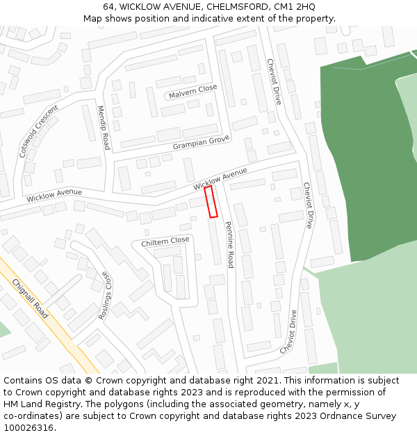 64, WICKLOW AVENUE, CHELMSFORD, CM1 2HQ: Location map and indicative extent of plot