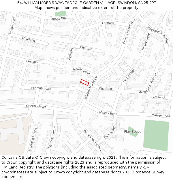64, WILLIAM MORRIS WAY, TADPOLE GARDEN VILLAGE, SWINDON, SN25 2PT: Location map and indicative extent of plot
