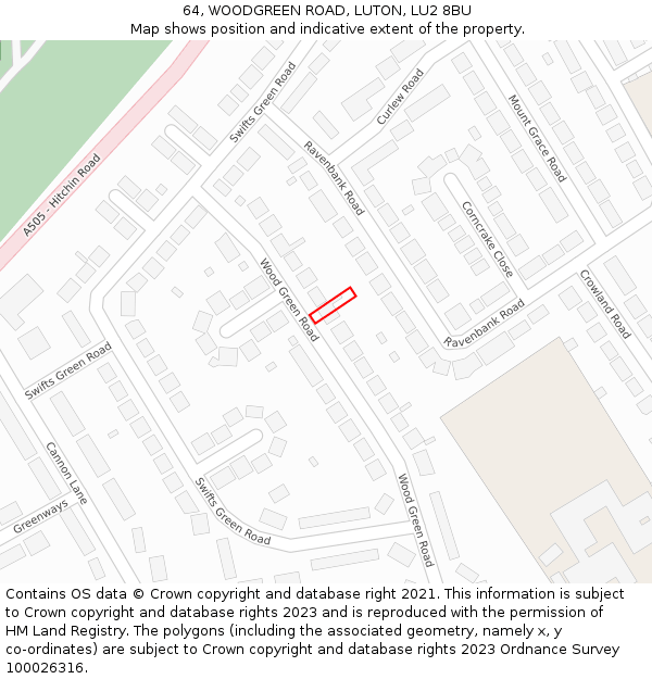 64, WOODGREEN ROAD, LUTON, LU2 8BU: Location map and indicative extent of plot