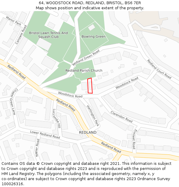 64, WOODSTOCK ROAD, REDLAND, BRISTOL, BS6 7ER: Location map and indicative extent of plot