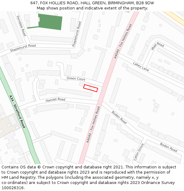 647, FOX HOLLIES ROAD, HALL GREEN, BIRMINGHAM, B28 9DW: Location map and indicative extent of plot
