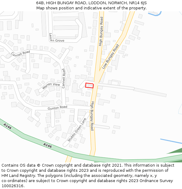 64B, HIGH BUNGAY ROAD, LODDON, NORWICH, NR14 6JS: Location map and indicative extent of plot