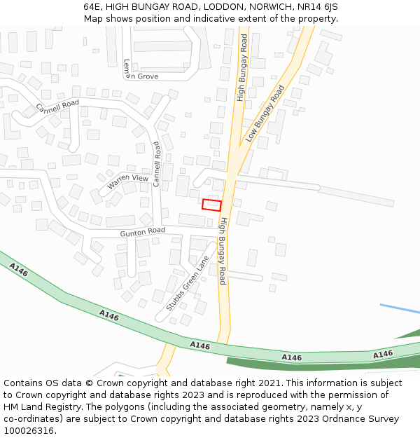 64E, HIGH BUNGAY ROAD, LODDON, NORWICH, NR14 6JS: Location map and indicative extent of plot