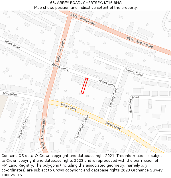 65, ABBEY ROAD, CHERTSEY, KT16 8NG: Location map and indicative extent of plot