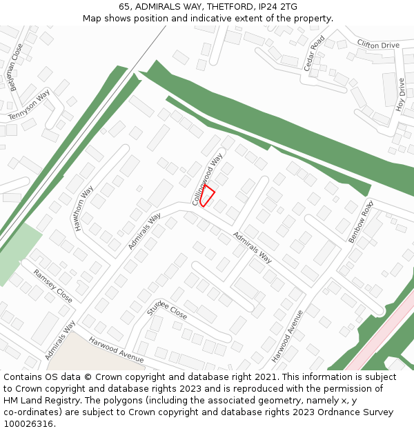 65, ADMIRALS WAY, THETFORD, IP24 2TG: Location map and indicative extent of plot