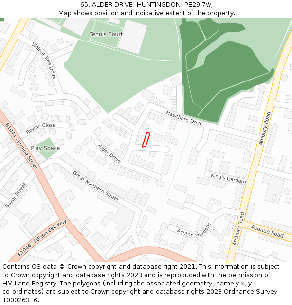 65, ALDER DRIVE, HUNTINGDON, PE29 7WJ: Location map and indicative extent of plot