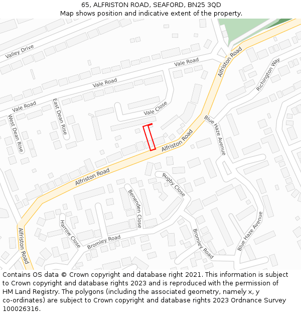 65, ALFRISTON ROAD, SEAFORD, BN25 3QD: Location map and indicative extent of plot