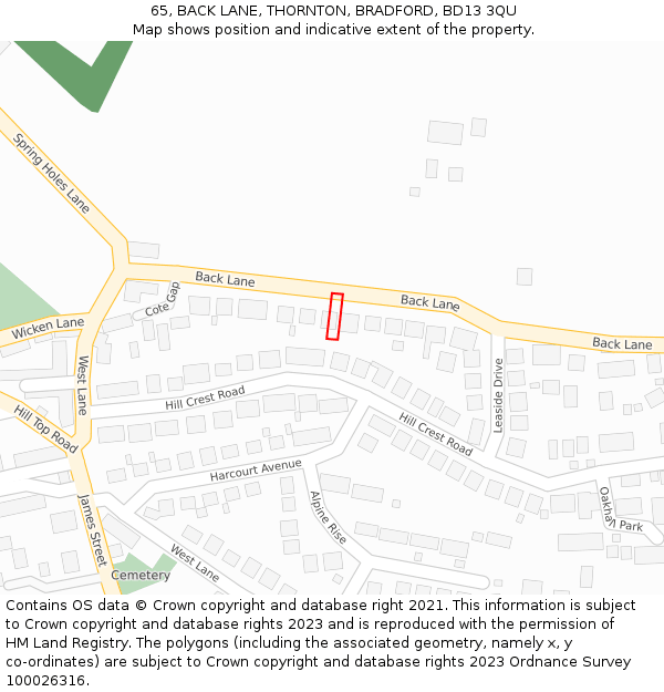 65, BACK LANE, THORNTON, BRADFORD, BD13 3QU: Location map and indicative extent of plot