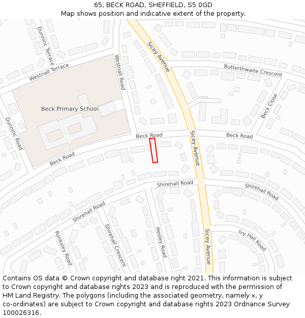 65, BECK ROAD, SHEFFIELD, S5 0GD: Location map and indicative extent of plot