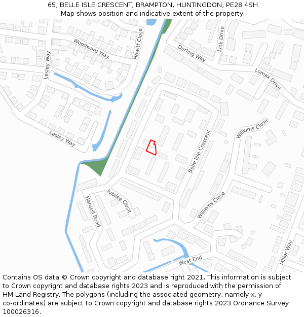 65, BELLE ISLE CRESCENT, BRAMPTON, HUNTINGDON, PE28 4SH: Location map and indicative extent of plot