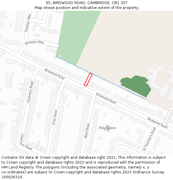 65, BIRDWOOD ROAD, CAMBRIDGE, CB1 3ST: Location map and indicative extent of plot