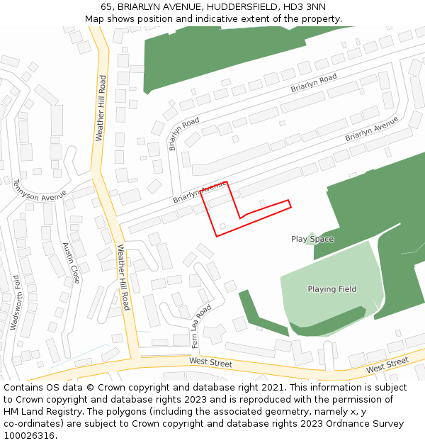 65, BRIARLYN AVENUE, HUDDERSFIELD, HD3 3NN: Location map and indicative extent of plot