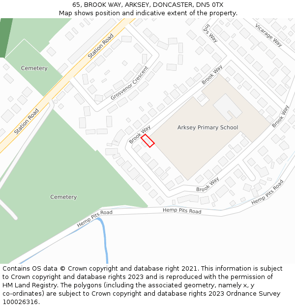 65, BROOK WAY, ARKSEY, DONCASTER, DN5 0TX: Location map and indicative extent of plot