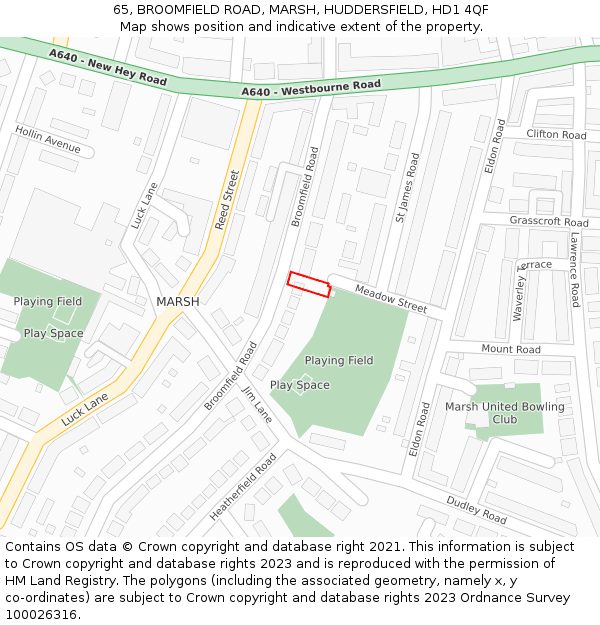 65, BROOMFIELD ROAD, MARSH, HUDDERSFIELD, HD1 4QF: Location map and indicative extent of plot