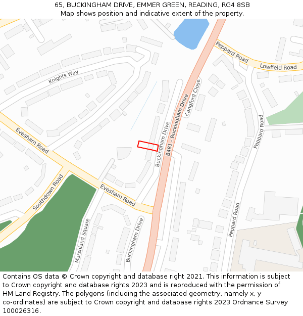 65, BUCKINGHAM DRIVE, EMMER GREEN, READING, RG4 8SB: Location map and indicative extent of plot