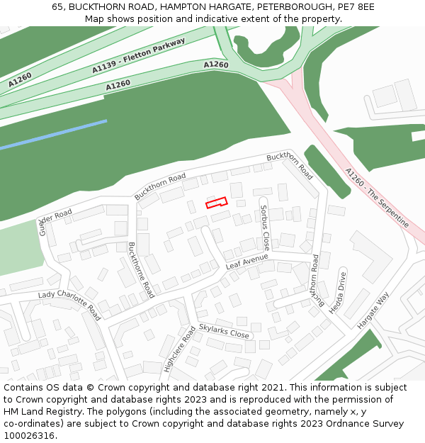 65, BUCKTHORN ROAD, HAMPTON HARGATE, PETERBOROUGH, PE7 8EE: Location map and indicative extent of plot