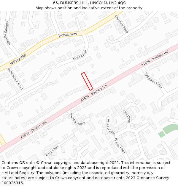 65, BUNKERS HILL, LINCOLN, LN2 4QS: Location map and indicative extent of plot