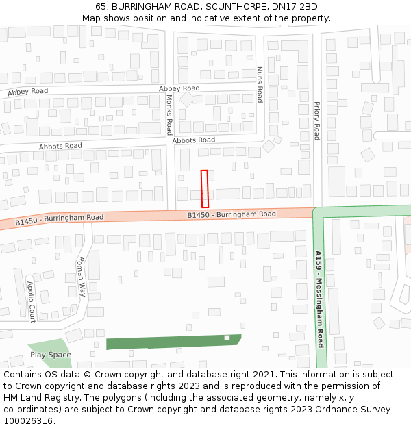 65, BURRINGHAM ROAD, SCUNTHORPE, DN17 2BD: Location map and indicative extent of plot