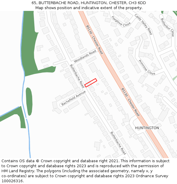 65, BUTTERBACHE ROAD, HUNTINGTON, CHESTER, CH3 6DD: Location map and indicative extent of plot
