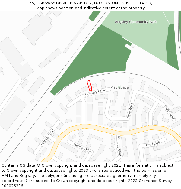 65, CARAWAY DRIVE, BRANSTON, BURTON-ON-TRENT, DE14 3FQ: Location map and indicative extent of plot