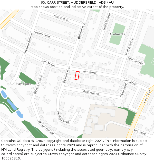 65, CARR STREET, HUDDERSFIELD, HD3 4AU: Location map and indicative extent of plot