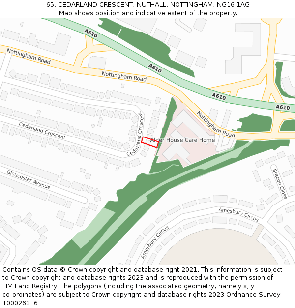 65, CEDARLAND CRESCENT, NUTHALL, NOTTINGHAM, NG16 1AG: Location map and indicative extent of plot