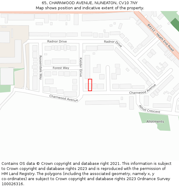 65, CHARNWOOD AVENUE, NUNEATON, CV10 7NY: Location map and indicative extent of plot