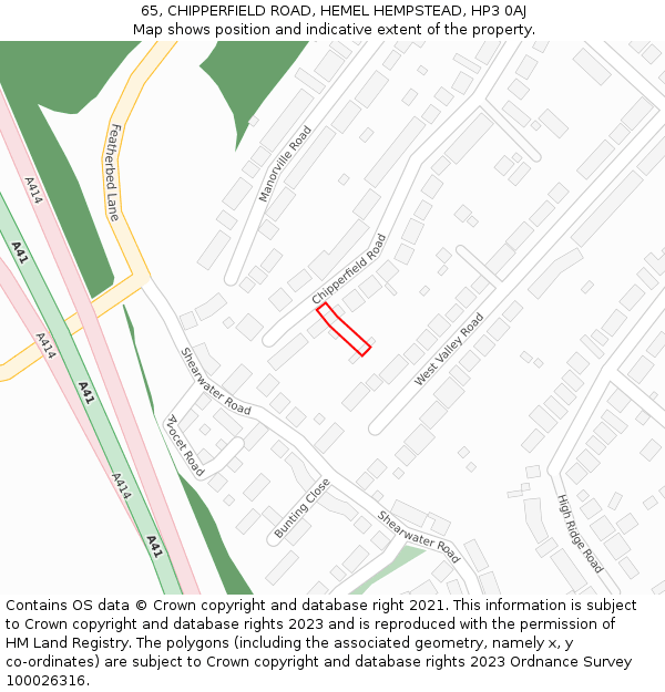 65, CHIPPERFIELD ROAD, HEMEL HEMPSTEAD, HP3 0AJ: Location map and indicative extent of plot