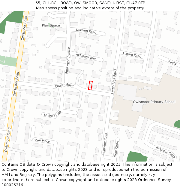 65, CHURCH ROAD, OWLSMOOR, SANDHURST, GU47 0TP: Location map and indicative extent of plot