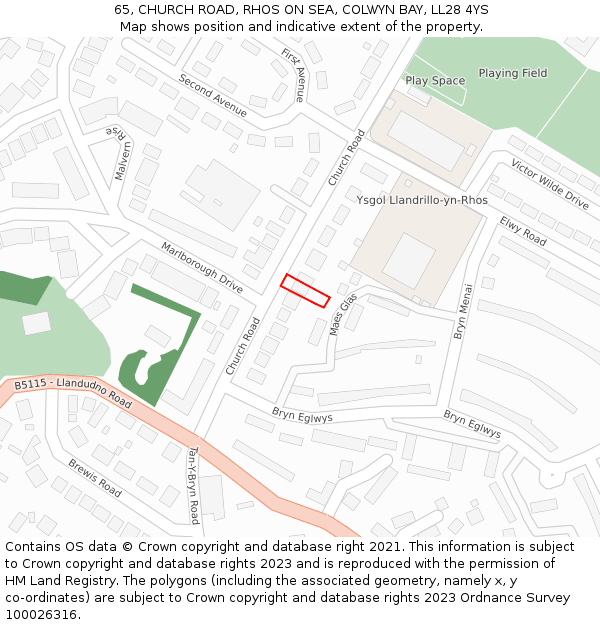 65, CHURCH ROAD, RHOS ON SEA, COLWYN BAY, LL28 4YS: Location map and indicative extent of plot