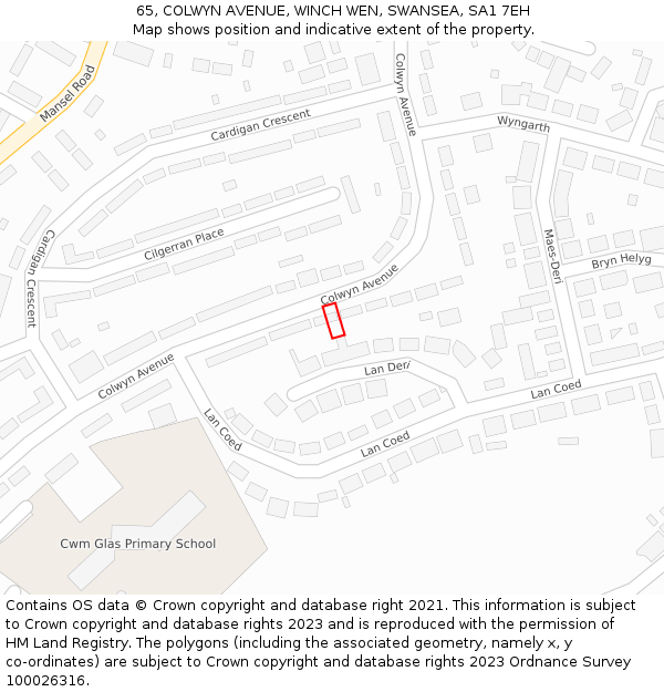65, COLWYN AVENUE, WINCH WEN, SWANSEA, SA1 7EH: Location map and indicative extent of plot