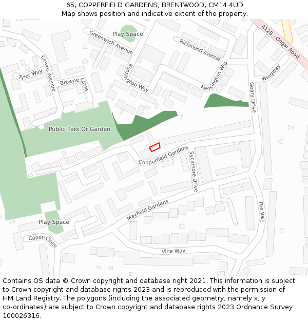 65, COPPERFIELD GARDENS, BRENTWOOD, CM14 4UD: Location map and indicative extent of plot