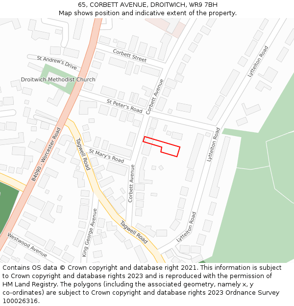65, CORBETT AVENUE, DROITWICH, WR9 7BH: Location map and indicative extent of plot