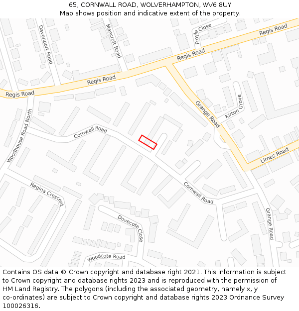 65, CORNWALL ROAD, WOLVERHAMPTON, WV6 8UY: Location map and indicative extent of plot