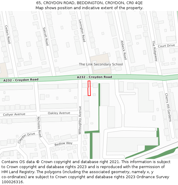 65, CROYDON ROAD, BEDDINGTON, CROYDON, CR0 4QE: Location map and indicative extent of plot