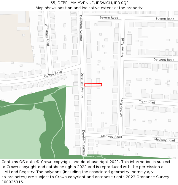 65, DEREHAM AVENUE, IPSWICH, IP3 0QF: Location map and indicative extent of plot