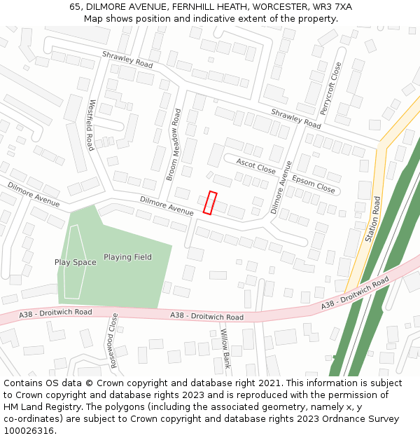 65, DILMORE AVENUE, FERNHILL HEATH, WORCESTER, WR3 7XA: Location map and indicative extent of plot