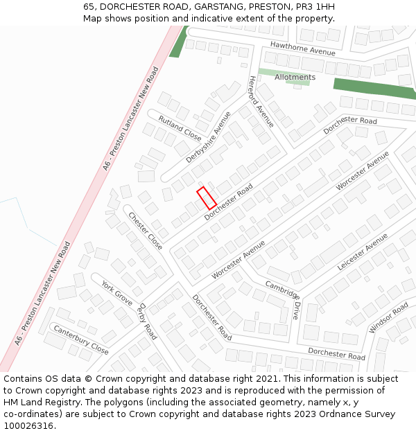 65, DORCHESTER ROAD, GARSTANG, PRESTON, PR3 1HH: Location map and indicative extent of plot