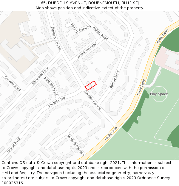 65, DURDELLS AVENUE, BOURNEMOUTH, BH11 9EJ: Location map and indicative extent of plot