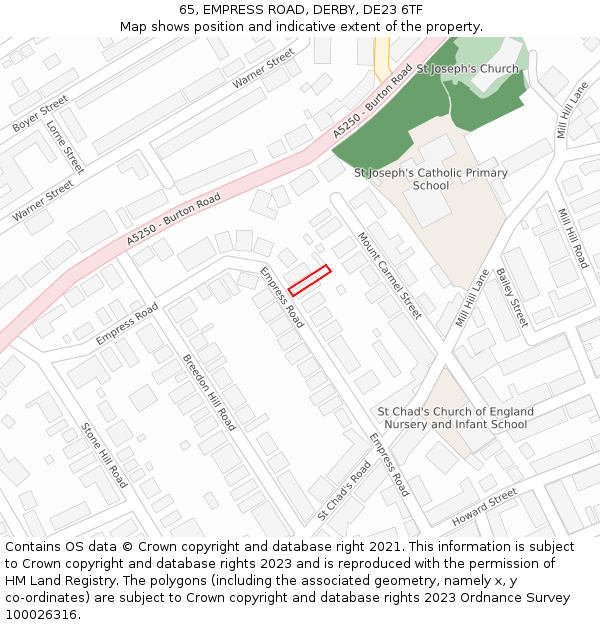 65, EMPRESS ROAD, DERBY, DE23 6TF: Location map and indicative extent of plot