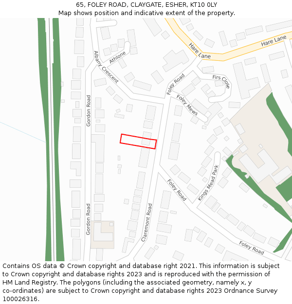65, FOLEY ROAD, CLAYGATE, ESHER, KT10 0LY: Location map and indicative extent of plot