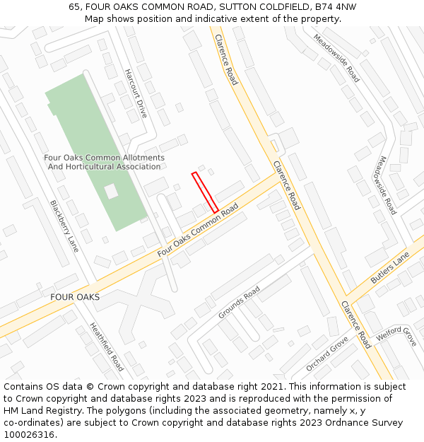 65, FOUR OAKS COMMON ROAD, SUTTON COLDFIELD, B74 4NW: Location map and indicative extent of plot